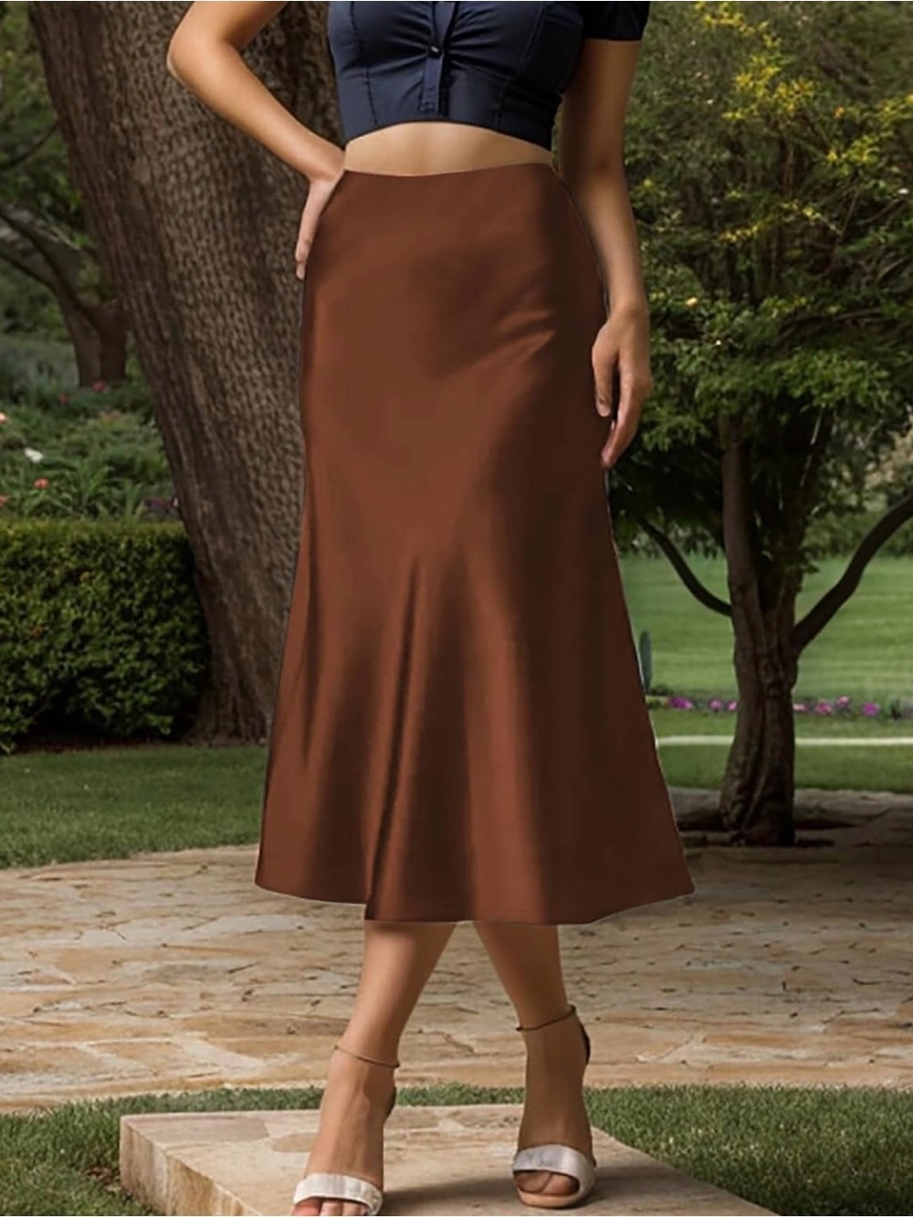 Amazon Brown Orange Satin Midi Skirt — A-Line Slip Style